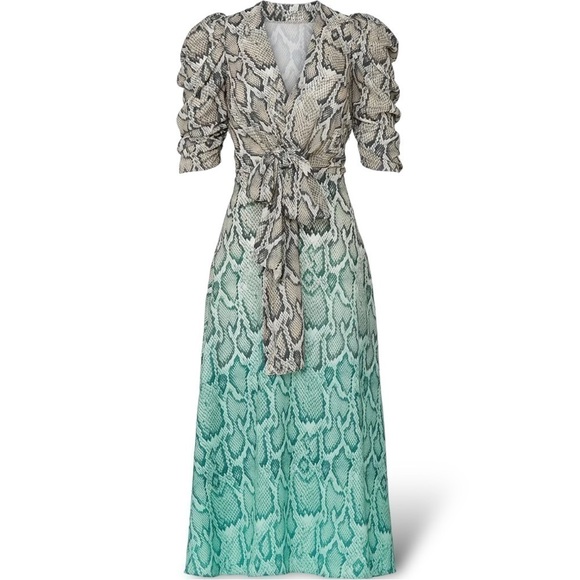 Afrm Ellis Snake Print Dip Dye Front Tie Ombre 3/4” Sleeve Midi Dress NEW Small - Picture 8 of 11